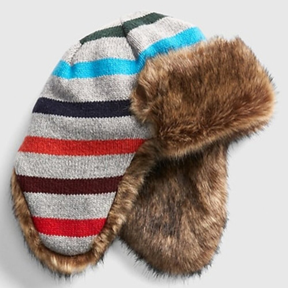 NWT GAP Crazy Stripe Faux fur Knit Trapper Hat Winter Snow Striped Hat Boys S/M